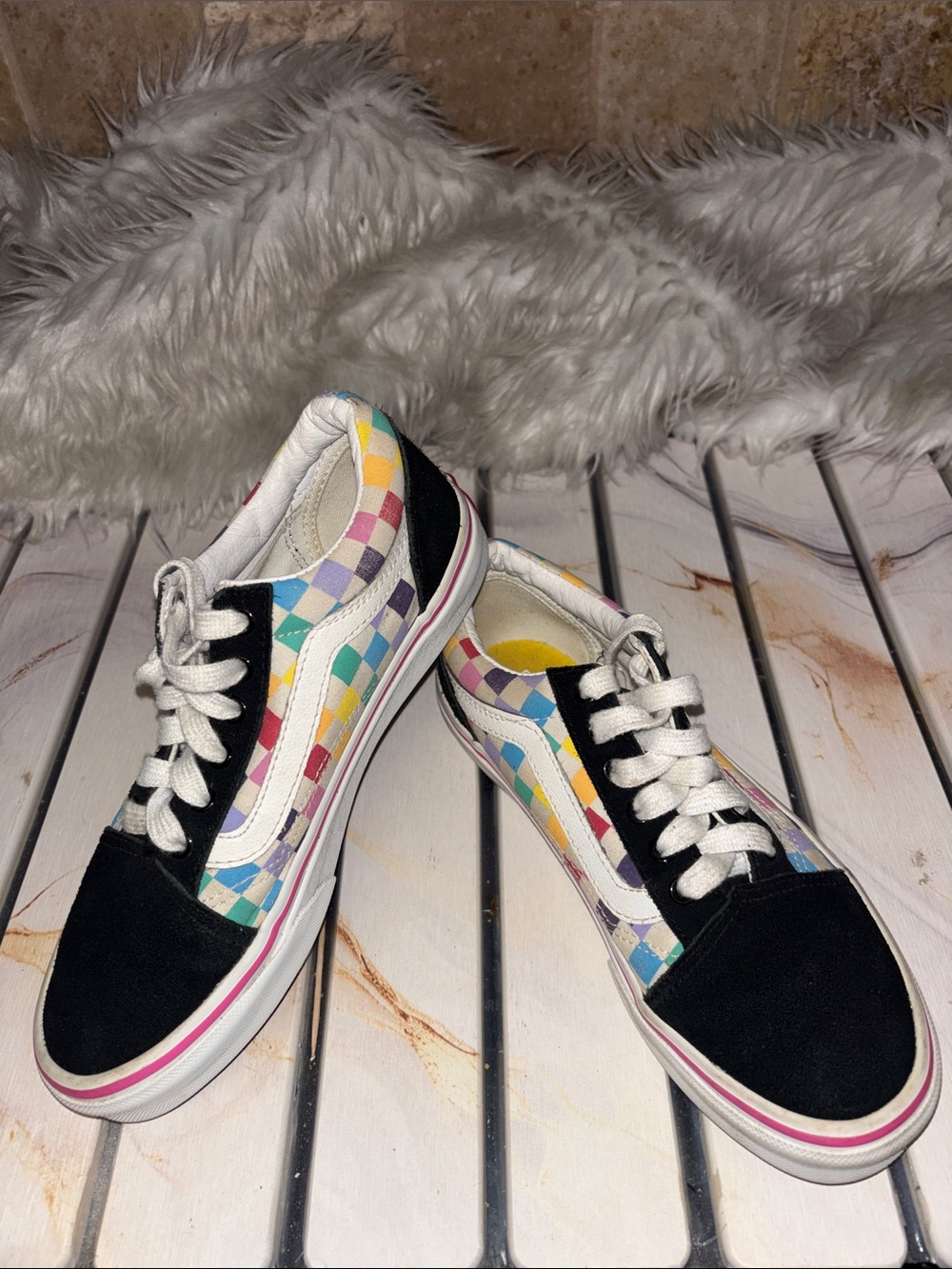 Kids Vans Old Skool Rainbow Checkerboard Low‎ Skate Shoes Sneakers Size 3.5 - Picture 2 of 8